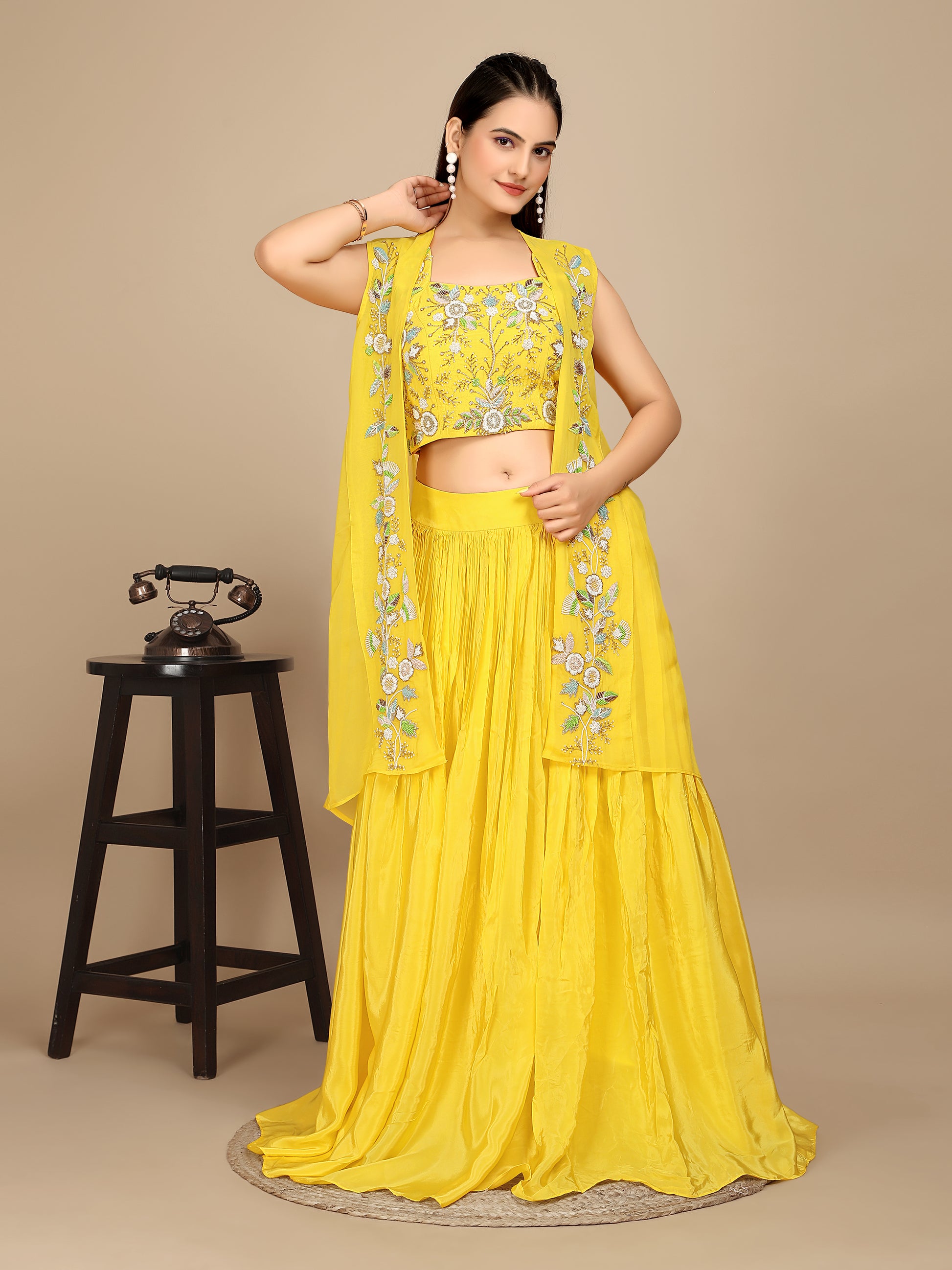 Yellow Indo Western Crop Top with skirt & Shrug - zfashionstudio