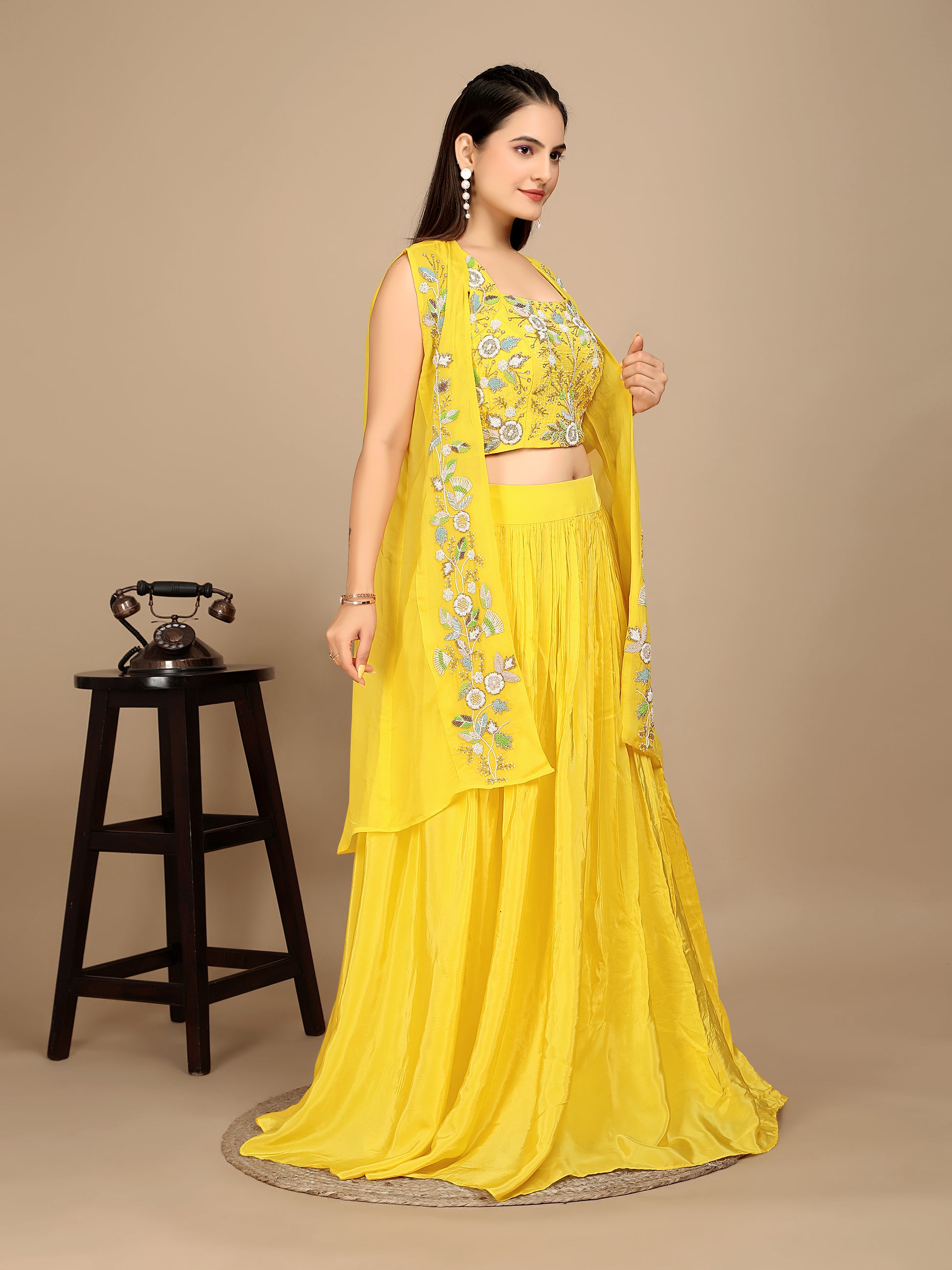 Yellow Indo Western Crop Top with skirt & Shrug - zfashionstudio