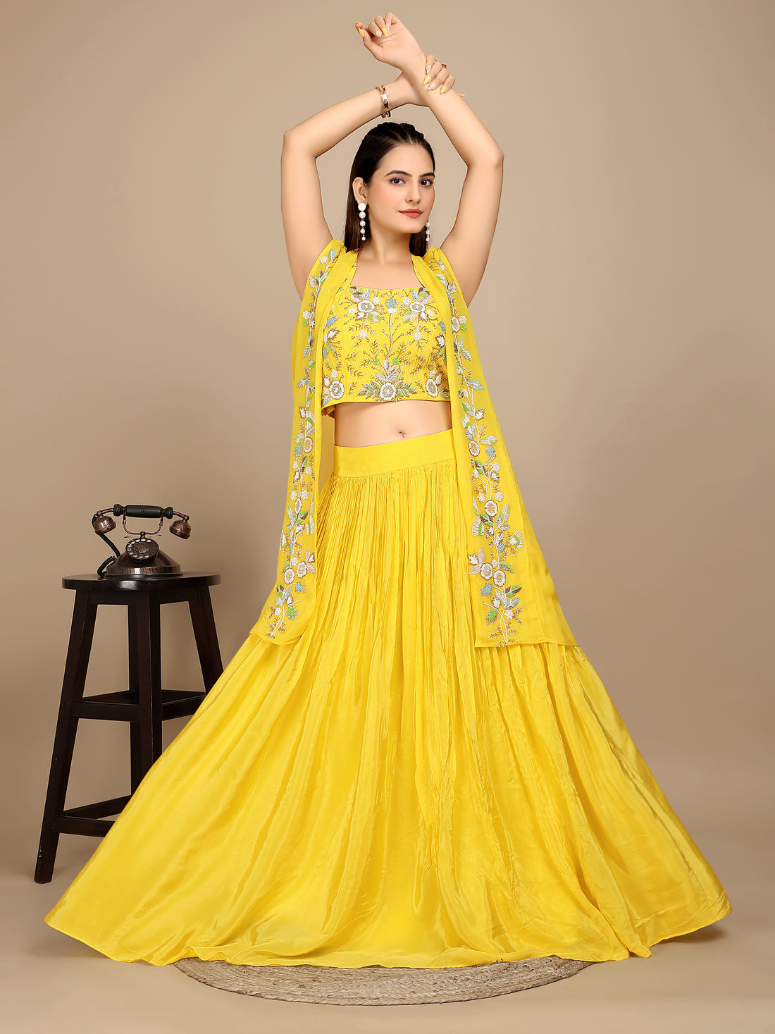 Yellow Indo Western Crop Top with skirt & Shrug - zfashionstudio