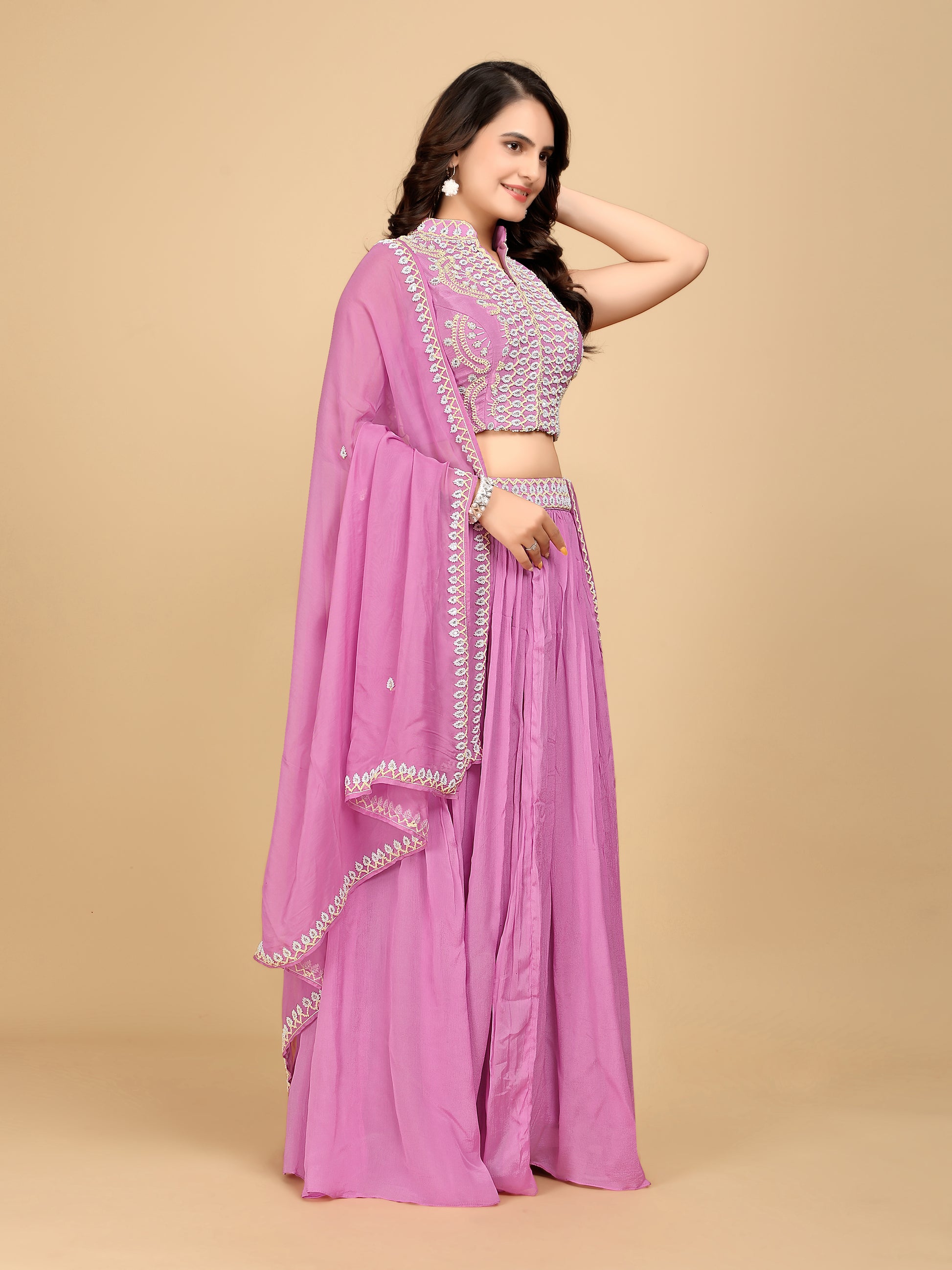 Pure Chinon Lilac Indo-Western Crop-Top Skirt with Heavy Handwork - zfashionstudio