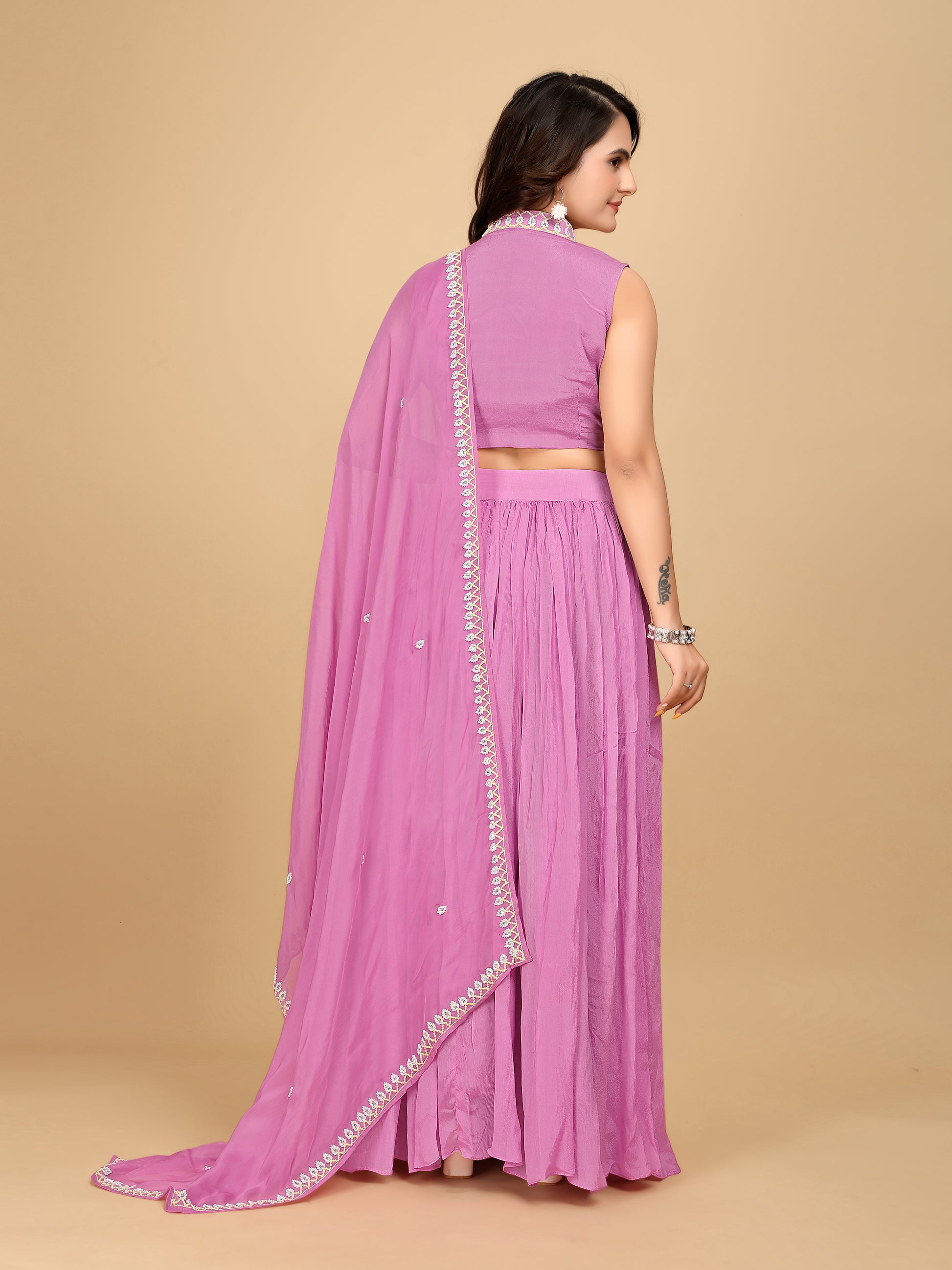 Pure Chinon Lilac Indo-Western Crop-Top Skirt with Heavy Handwork - zfashionstudio