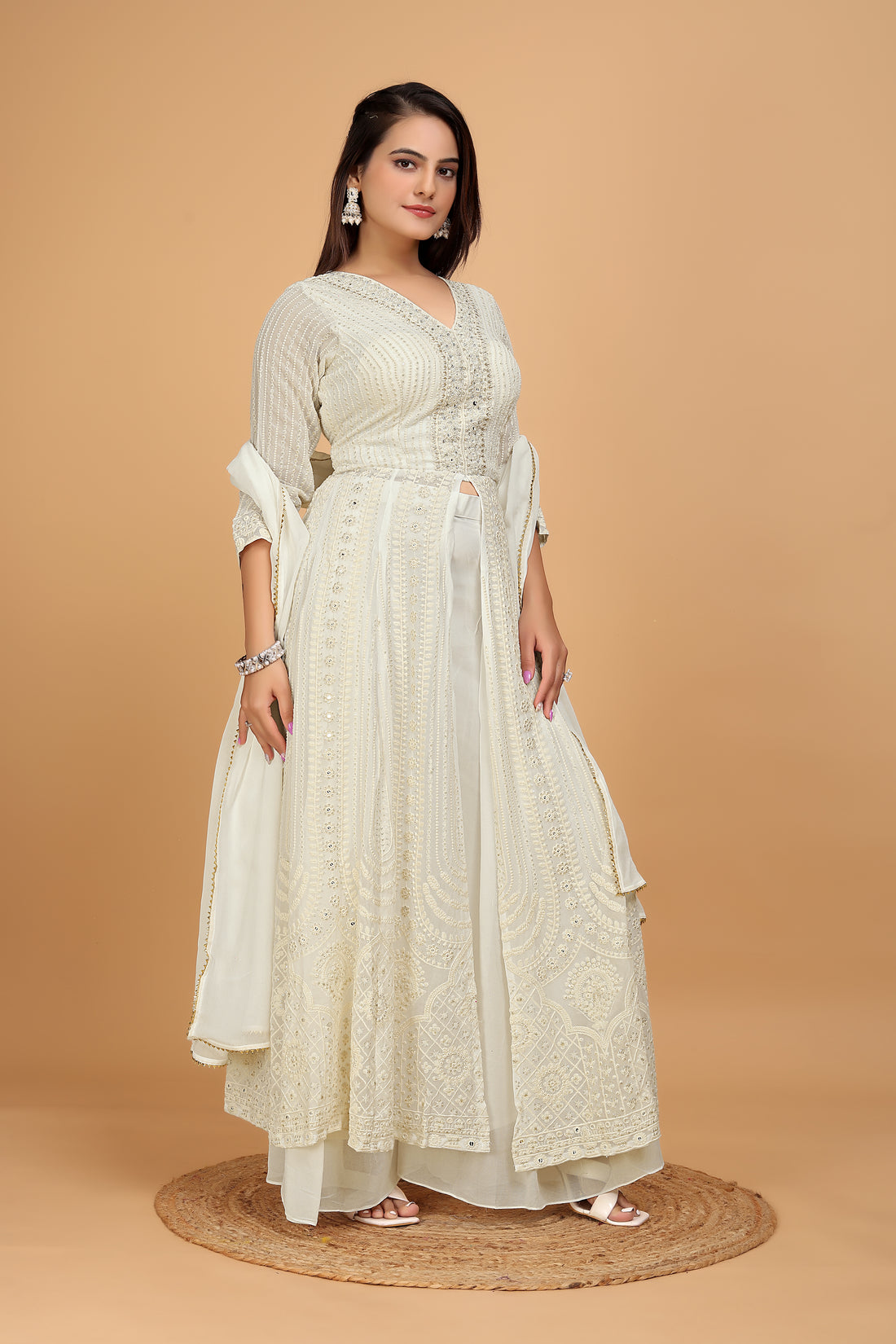 White Hand-Embroidered Anarkali Front Slit Palazzo Ensemble - zfashionstudio