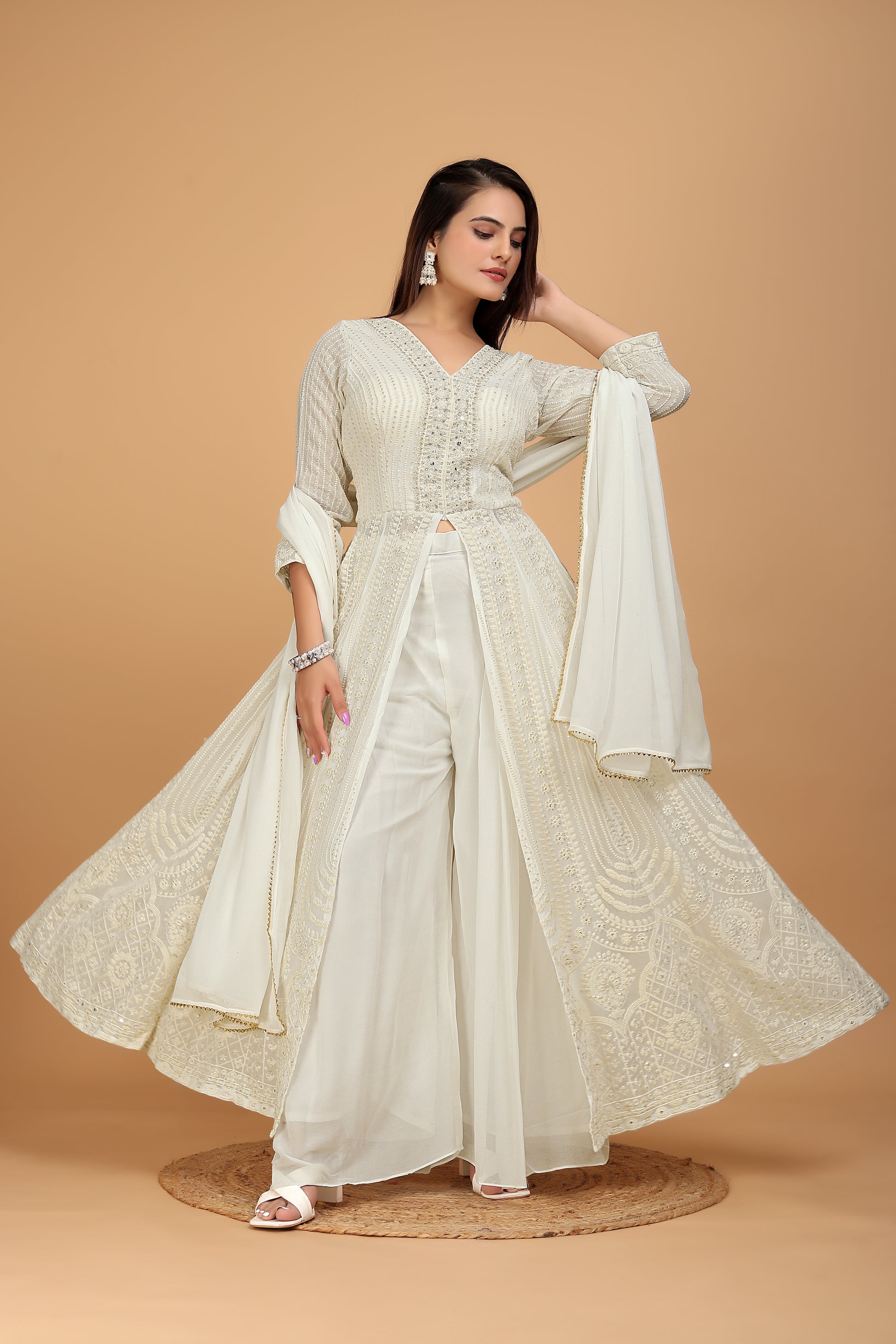 White Hand-Embroidered Anarkali Front Slit Palazzo Ensemble - zfashionstudio