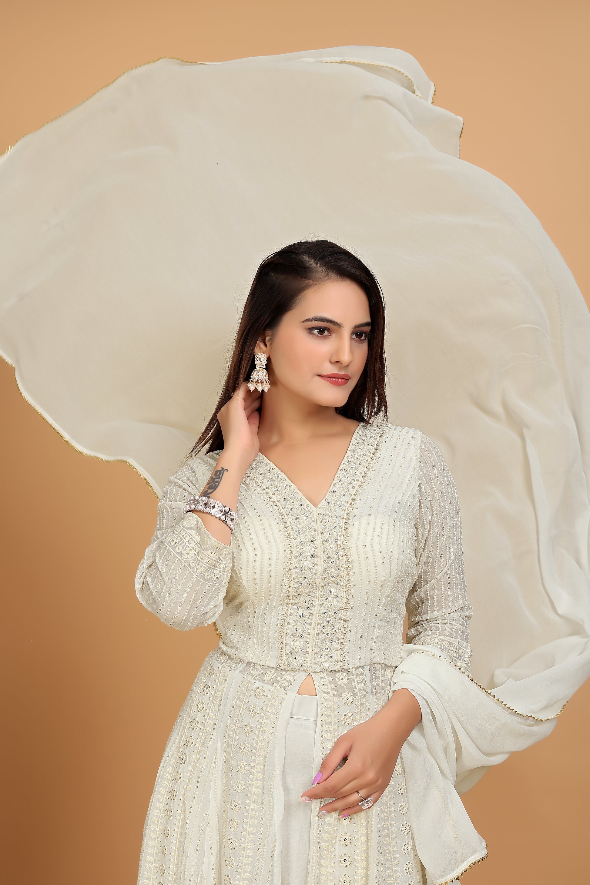 White Hand-Embroidered Anarkali Front Slit Palazzo Ensemble - zfashionstudio