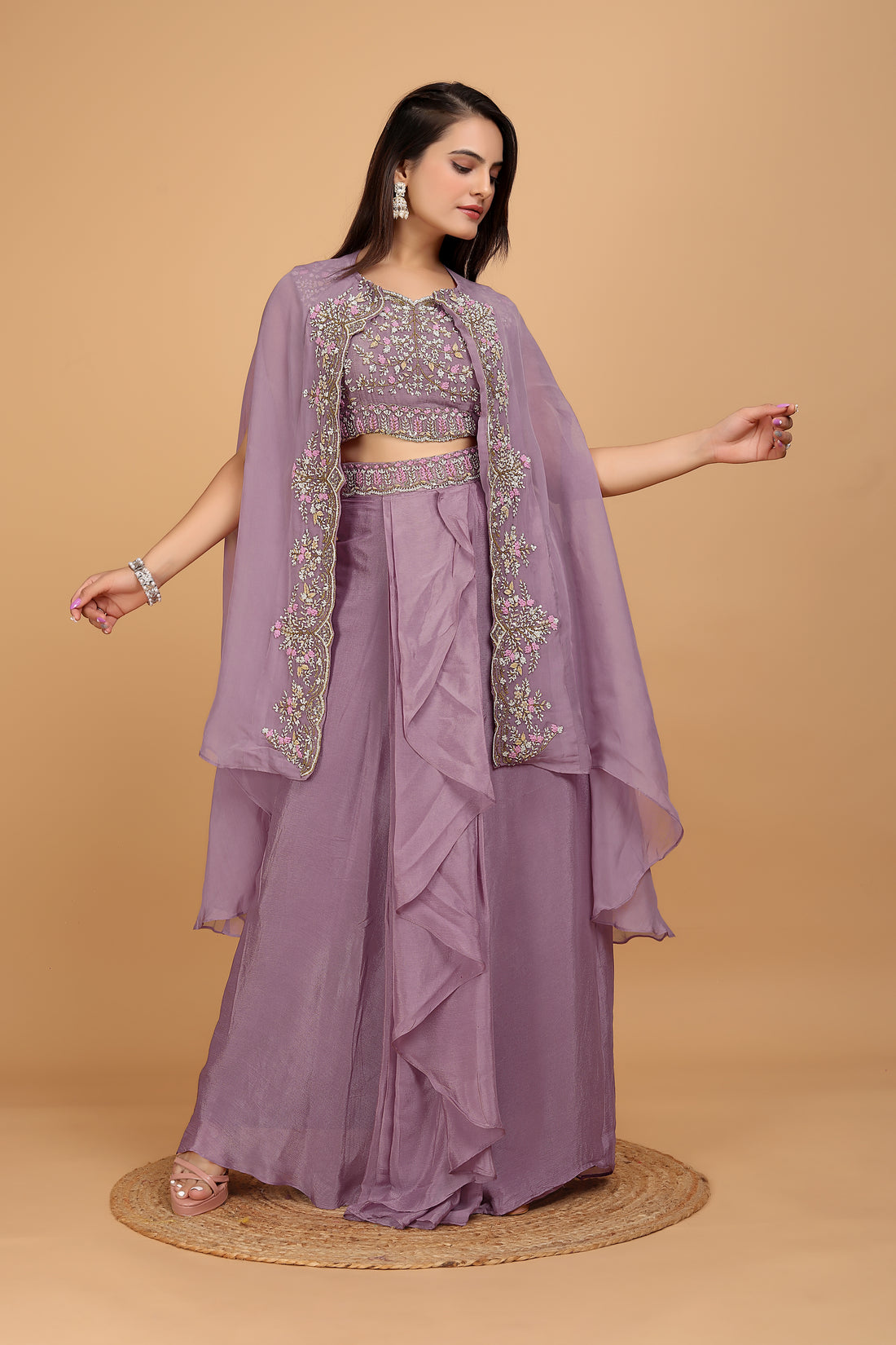 Lilac Indo Western Crop Top with Skirt and Shrug - zfashionstudio