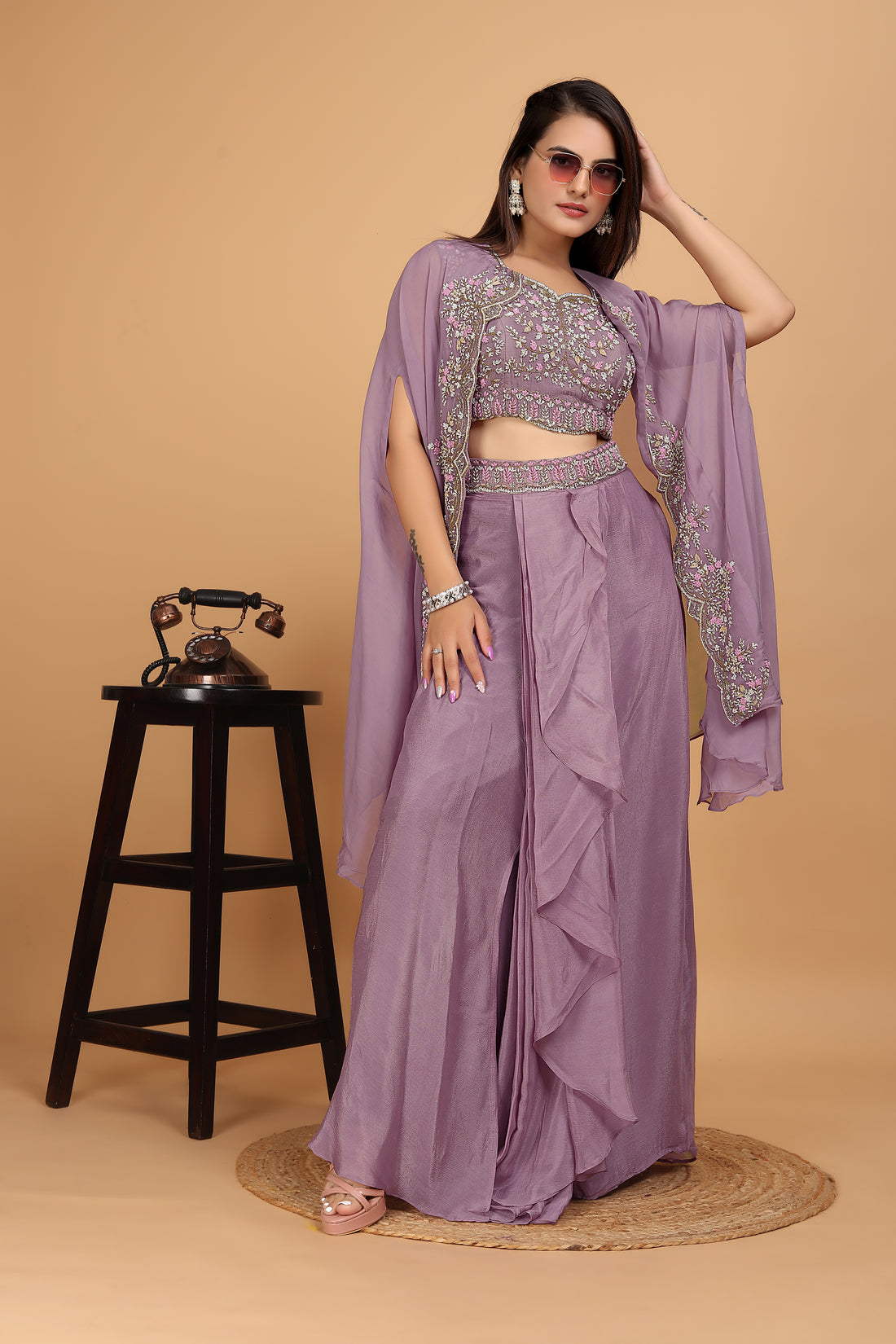 Lilac Indo Western Crop Top with Skirt and Shrug - zfashionstudio