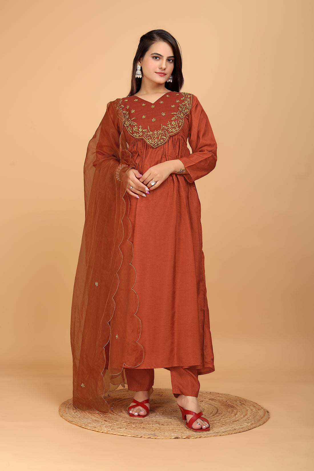 Saddle Brown Dola Silk Handwork Dress Set - 3pcs Ensemble - zfashionstudio