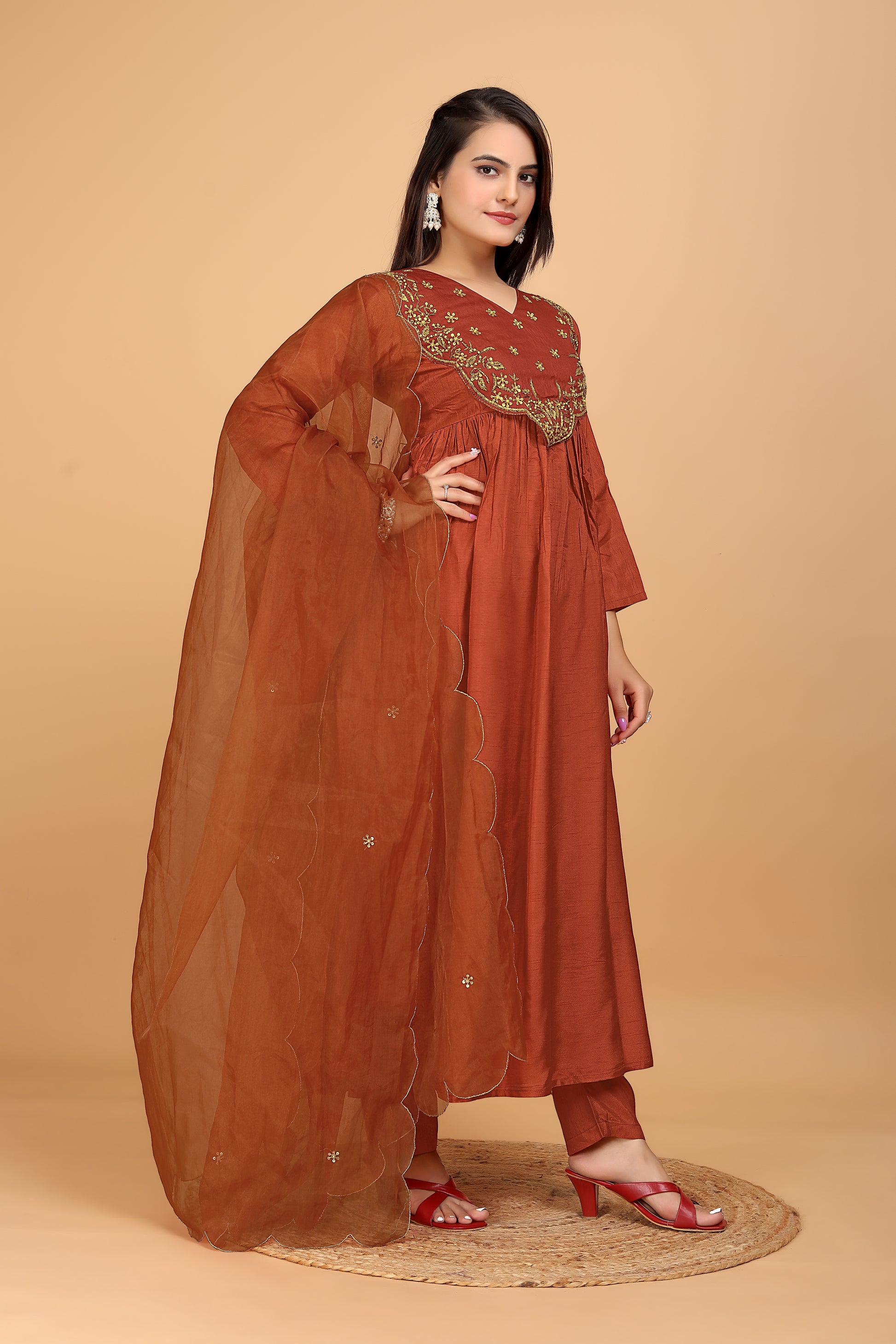 Saddle Brown Dola Silk Handwork Dress Set - 3pcs Ensemble - zfashionstudio