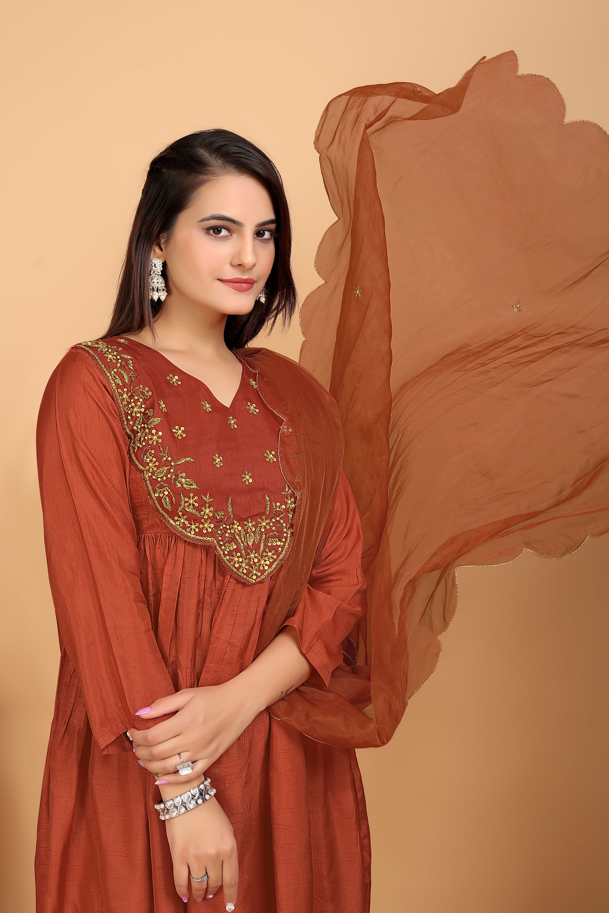 Saddle Brown Dola Silk Handwork Dress Set - 3pcs Ensemble - zfashionstudio