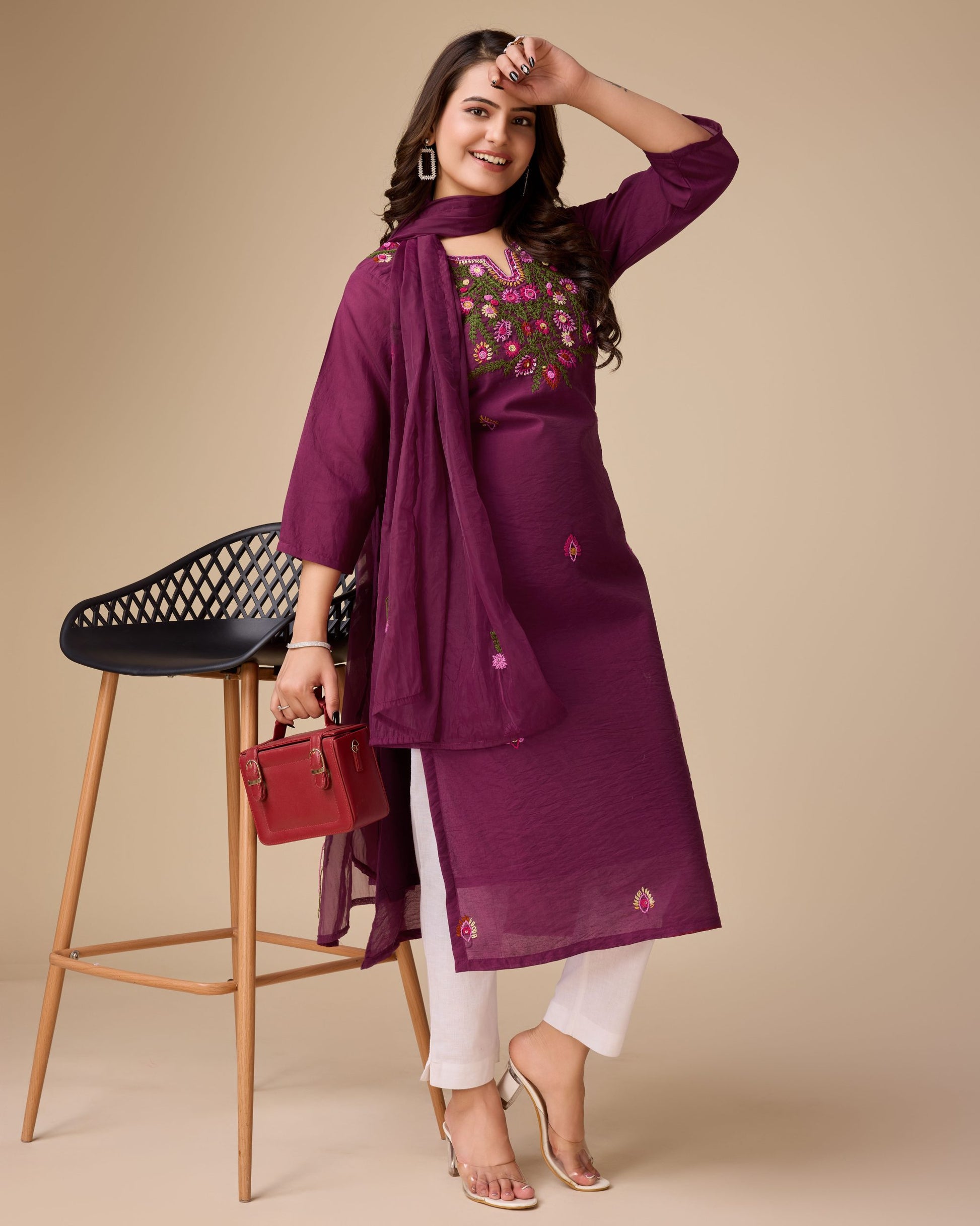 Burgundy Blossom Artisan Kurta With Dupatta - zfashionstudio