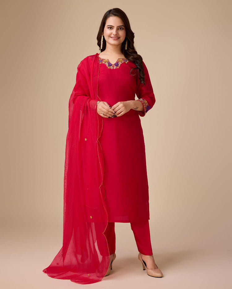 Cranberry Crush 3-Piece Handwork Kurta Set - zfashionstudio