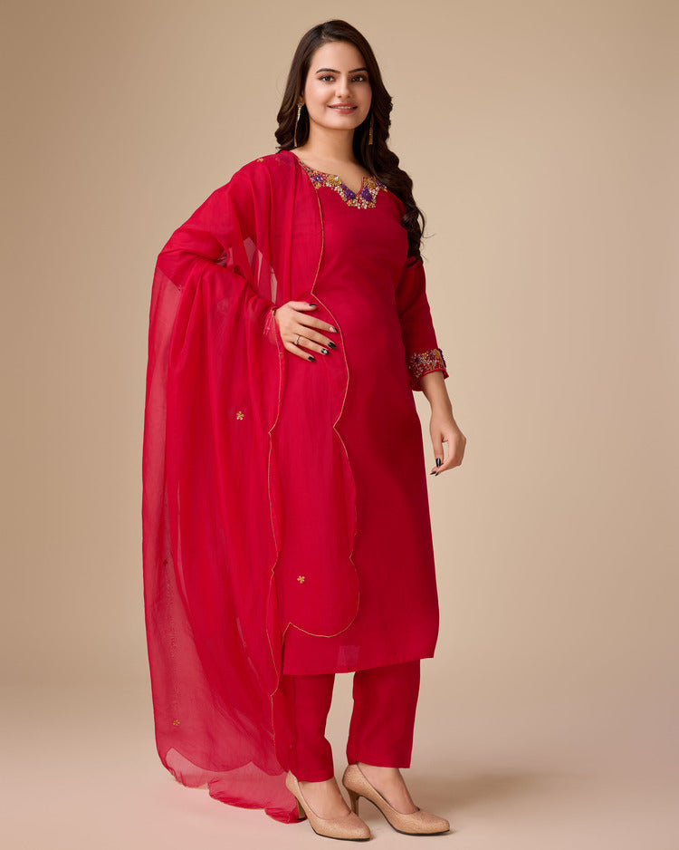 Cranberry Crush 3-Piece Handwork Kurta Set - zfashionstudio