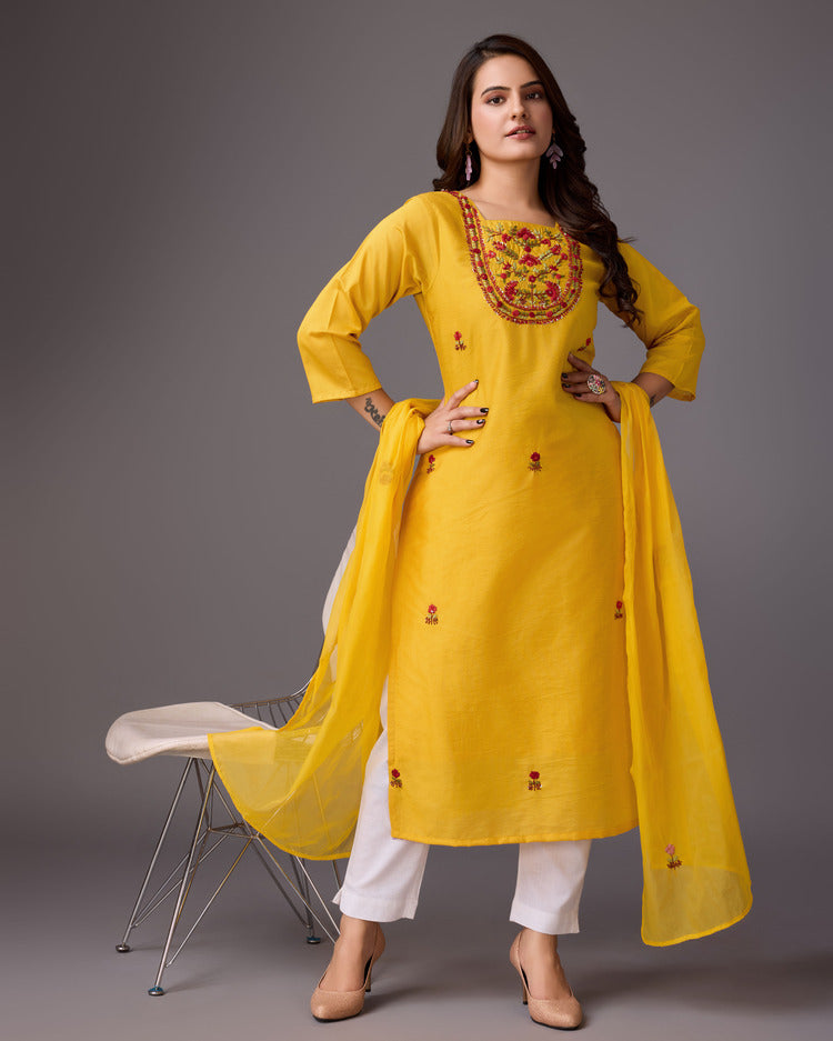 Golden Blossom: Yellow Handwork Kurta - zfashionstudio