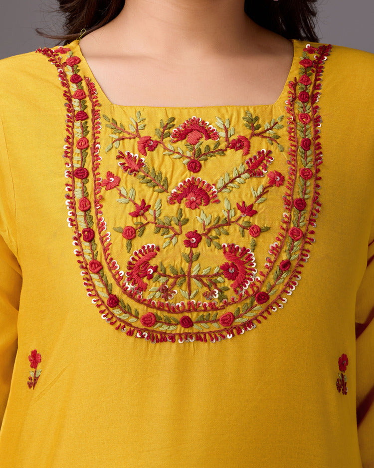 Golden Blossom: Yellow Handwork Kurta - zfashionstudio