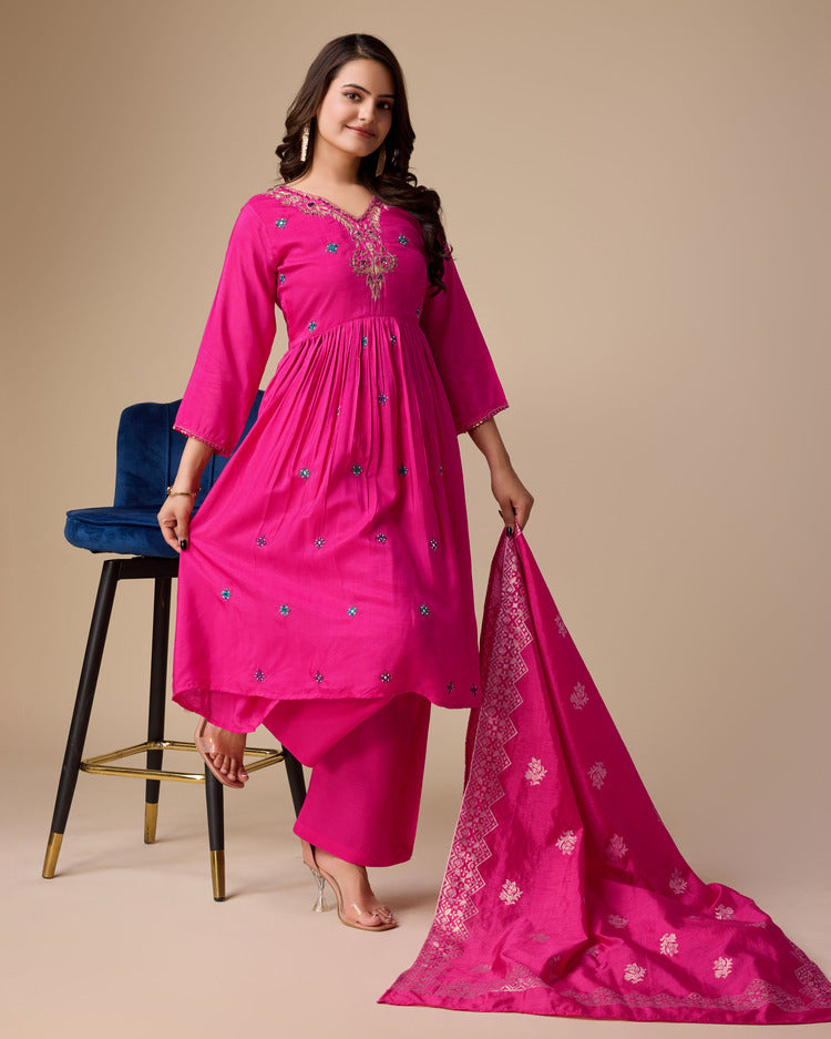 Elegance in Rani: Dola Silk Handcrafted Kurta Set - zfashionstudio